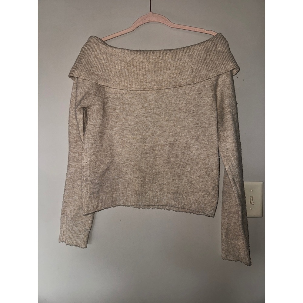 American Eagle Womens Off The Shoulder Ribbed Knit Sweater Oatmeal Beige Large